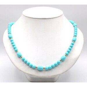 Turquoise Plastic Bead Necklace Gold-Tone Accents Hidden Barrel Screw Clasp Vtg